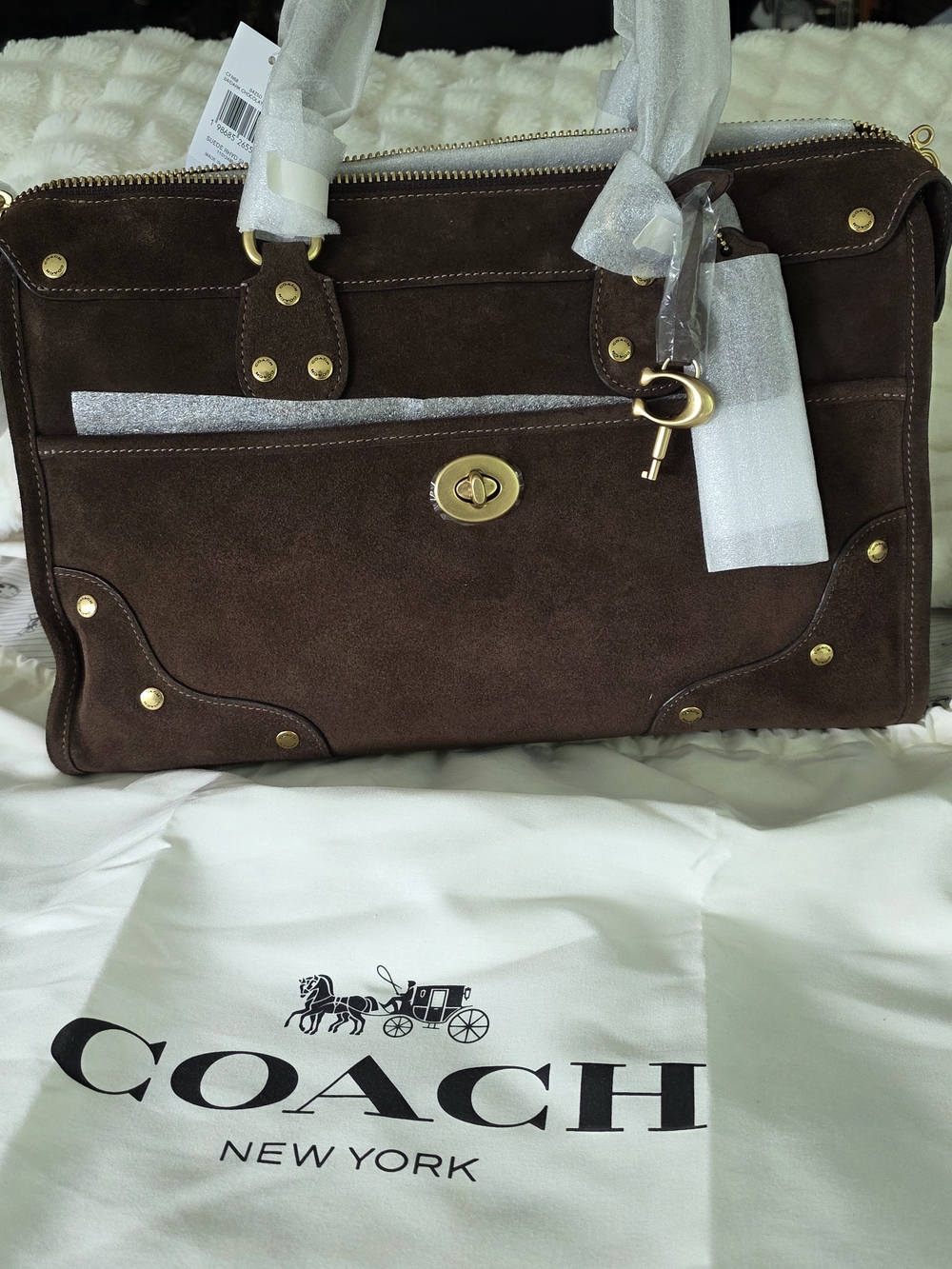 Coach Rhyder 38 Brown Suede Turnlock Satchel